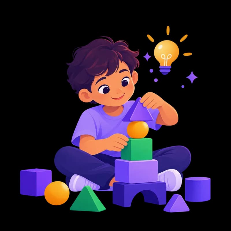 Niño concentrado apilando bloques de colores con una bombilla encendida sobre su cabeza
